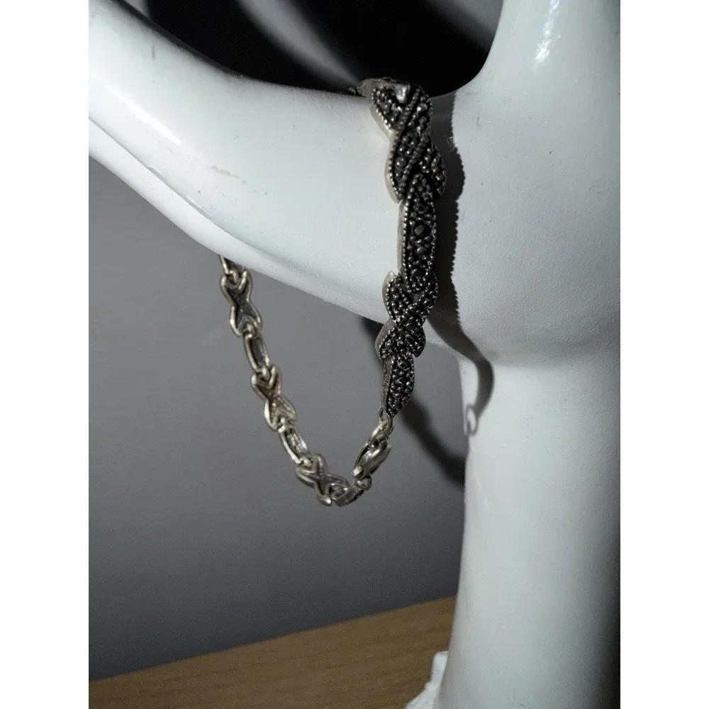 Sterling Silver 925 Marcasite XOXO Link Bracelet Dainty Vintage Art Deco 7